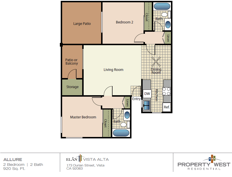 Floor plan for 2 beds, 2 baths, 920 sqft